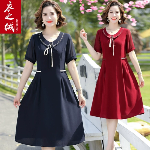 Шифоновое платье для матери, тонкая длинная юбка, короткий рукав, яркий броский стиль, по фигуре, для среднего возраста