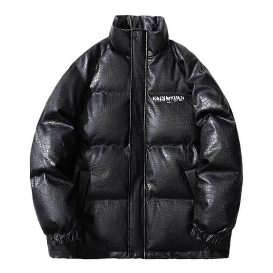 Winter Korean couple crocodile pattern down jacket ins Tide free washing PU stand -up collar leather jacket bun clothes men's cotton jacket