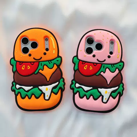 Fashionable Cute 3D Funny Smiling Hamburger Silicone Tough Shockproof Phone Case For iPhone 17/16/15/14/13 Pro/Plus/Max/Air