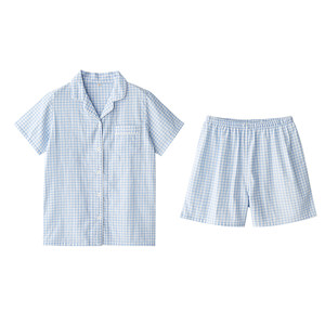 Pure cotton gauze pajamas Female summer short -sleeved short pants couple set thin plaid home service men's full cotton large size