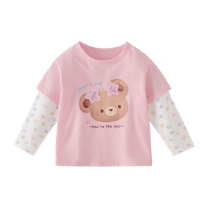 
Children's clothing children's long-sleeved fake two-piece T-shirt spring 26 new style girls striped loose casual antibacterial boys' tops