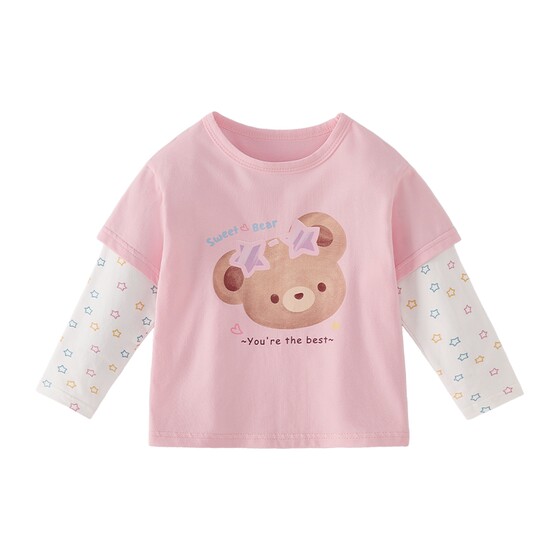 
Children's clothing children's long-sleeved fake two-piece T-shirt spring 26 new style girls striped loose casual antibacterial boys' tops