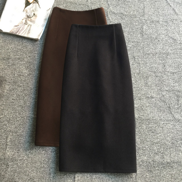 Autumn A-line Mid-Length Woolen Bag Hip High Waist Slit Skirts