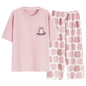 
Langsha comes with chest pad pajamas pure cotton women's summer short-sleeved cropped pants thin cotton cute home clothing set