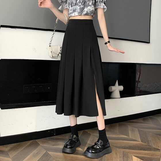 Black fat MM pleated skirt summer drape slimming slit skirt large size A-line skirt mid-length skirt high waist umbrella skirt