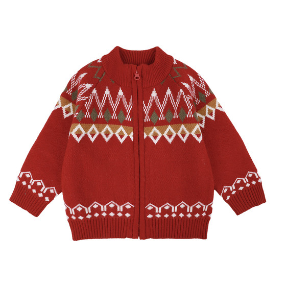 
Boys sweater jacket Fair Isle red New Year's wear winter children's knitted cardigan zipper plus velvet cotton coat 8209