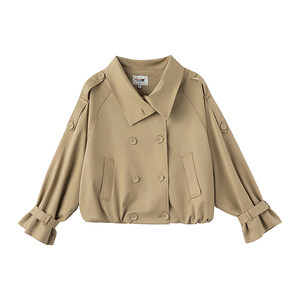
KXLFCHN groundless spring and autumn large lapel double-breasted short windbreaker simple loose casual top for women