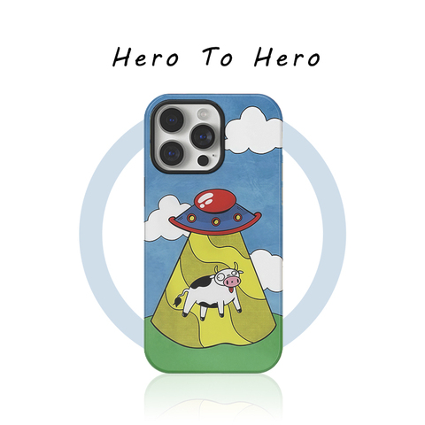 UFO Abduction Cow Illustration Blue Sky Yellow Beam iPhone Case