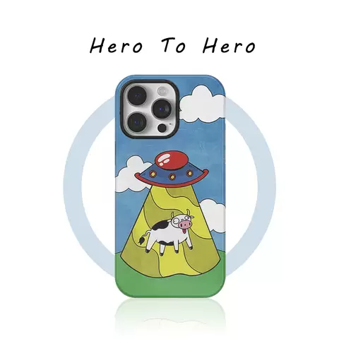 UFO Abduction Cow Illustration Blue Sky Yellow Beam Phone Case for iPhone 17, 16, 15, 14 and 13