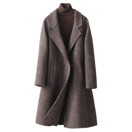 
Double-sided velvet coat for women, mid-length suit collar, slim fit, herringbone pattern, autumn and winter new high-end woolen coat
