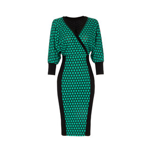 
XULU original high-end checkerboard solid color splicing retro temperament elegant high waist slim long sleeve V-neck dress