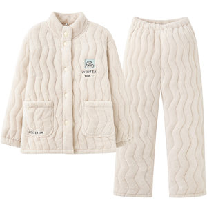 Princess Mark couple pajamas Winter female bear coral velvet ultra -thick three -layer cotton jacket set men can wear