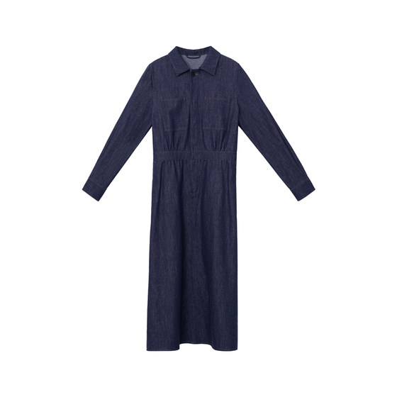 
[Denim Dress] CAREMIND Retro Hong Kong Style Dark Blue Lapel Denim Dress Age-Reducing Waist Long Skirt