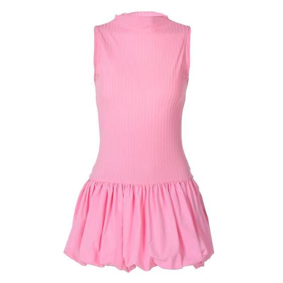 Shemoda careful machine hollowed out backless elastic slim fit sleeveless dress, women's spliced high waisted fluffy short skirt