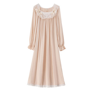 
RoseTree cotton yarn nightgown for women in spring and autumn long sleeves long lace retro French palace style double layer yarn pajamas