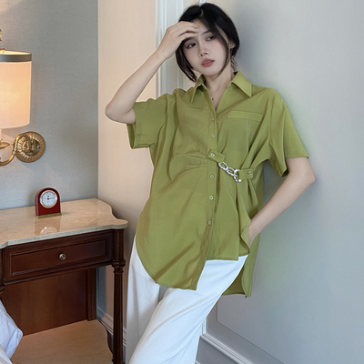 taobao agent Summer design green top, plus size, trend of season, fitted, with short sleeve