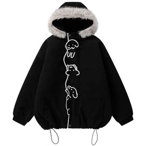 
Wukong is in stock, American fun puppy embroidered fur collar hooded cotton coat for men and women, trendy brand couple, loose warm cotton coat
