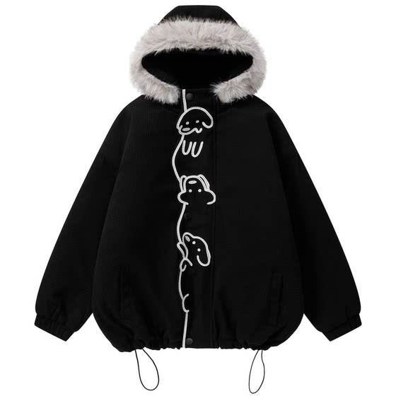 
Wukong is in stock, American fun puppy embroidered fur collar hooded cotton coat for men and women, trendy brand couple, loose warm cotton coat