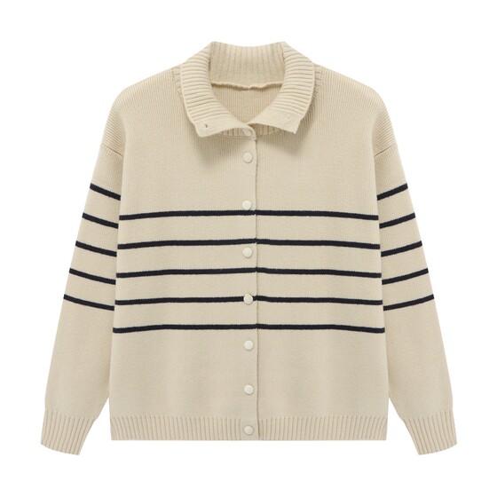Basic House/Baijiahao Polo collar striped knitted cardigan 2026 spring popular contrast color sweater jacket