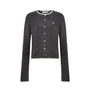 
Kroche Lazy Gray Tint Wool Blend Contrast-Edge Knit Cardigan Short Sleeve Short Skirt Three-piece Set