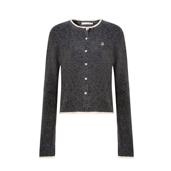 
Kroche Lazy Gray Tint Wool Blend Contrast-Edge Knit Cardigan Short Sleeve Short Skirt Three-piece Set