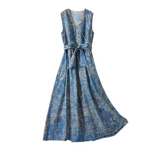 Blue dress, haze, blue cymbals, squeaks, female intellectual ladies, elegant oblique collar high -waist couple dress temperament skirt
