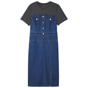 
[Gaozhi Stripe] The poem specifically selects round-neck striped fake two-piece high-waisted retro denim skirt dress summer