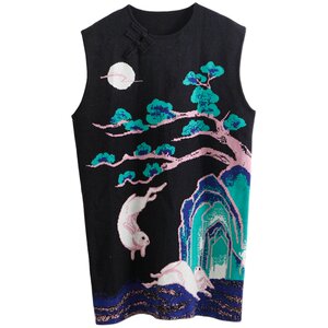 There are ears Uare original designer new Chinese rabbit new Chinese national wind knit vest vest vest sweater skirt mid -length