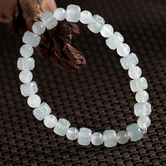 Shi Zhifu Jewelry Burmese Natural Jade A Grade Ice Type Six-Character Mantra Passepartout Bracelet 23.38g