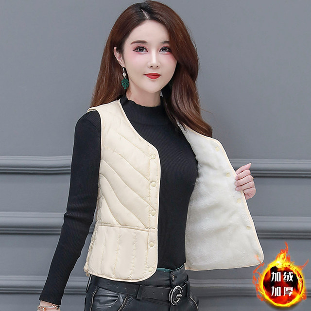 2024 autumn and winter new style down cotton vest for women plus velvet pony clip thickened thermal vest large size close-fitting waistcoat