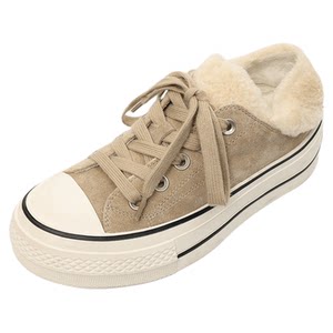 
THESOONG/Plush canvas shoes classic washed cow suede wool lining versatile canvas shoes 8056