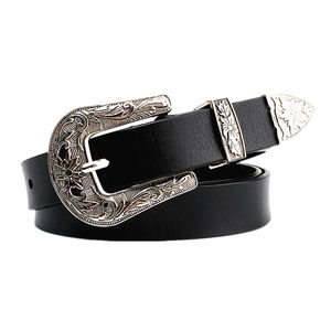 Star in the same model European and American Fan Black leather belt women's decorative simple wild pants with retro fashion trendy carved belt