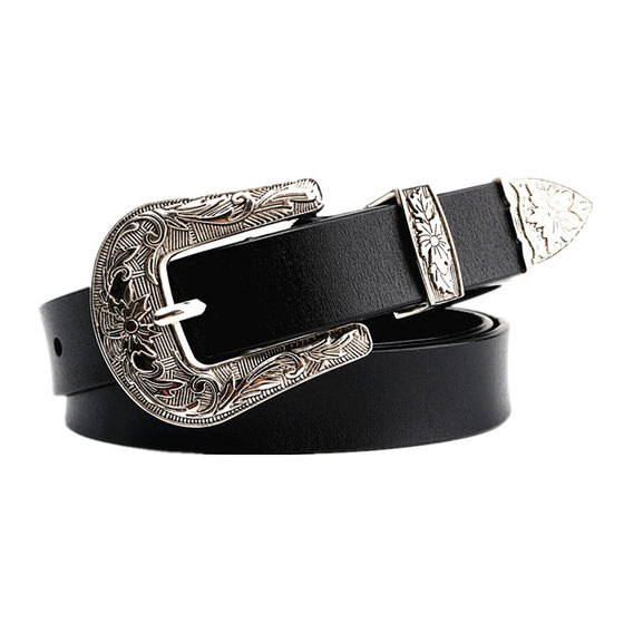 Star in the same model European and American Fan Black leather belt women's decorative simple wild pants with retro fashion trendy carved belt