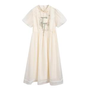 
Zihan's new Chinese embroidered button dress for women's autumn new casual lace stand-up collar puff sleeve midi skirt