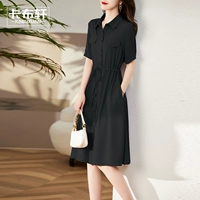 Летнее платье, шифоновая летняя черная длинная юбка, городской стиль, воротник поло, яркий броский стиль