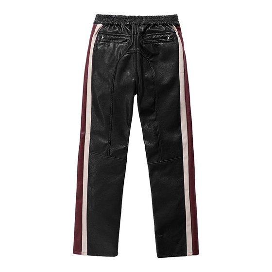 
Yuxi original design high-quality men's black striped spliced leather pants trendy casual slim straight trousers 4168