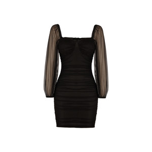 
XULU original high-quality solid color mesh splicing temperament to show your figure pleated high waist long sleeve square collar hip-wrap dress