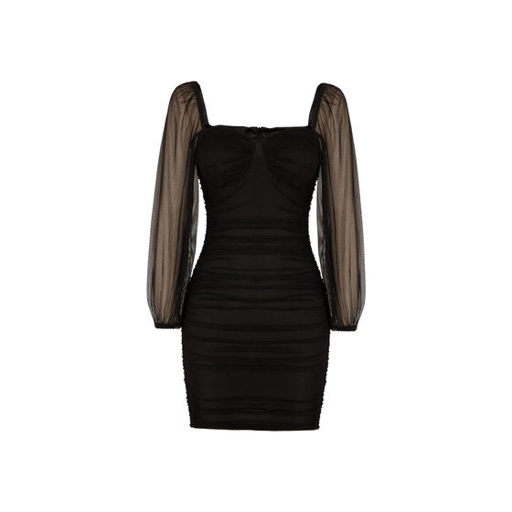 
XULU original high-quality solid color mesh splicing temperament to show your figure pleated high waist long sleeve square collar hip-wrap dress