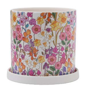 
Cute Nordic flower print ceramic flowerpot round breathable clay pot with holes for potted succulent Phalaenopsis