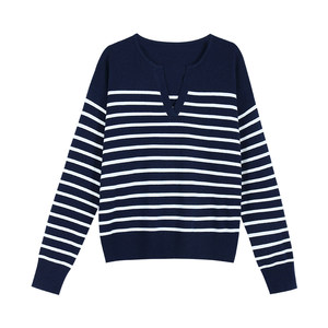 
MULVAN ROW old money style striped v-neck sweater women's loose pullover sweater casual loose top