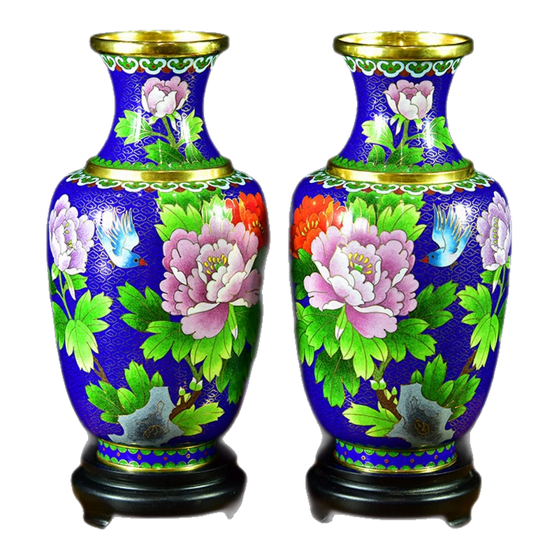 1053  中国　景泰藍　七宝　琺瑯　花瓶　2客　時代物 Vase-Jingtai-2.jpg