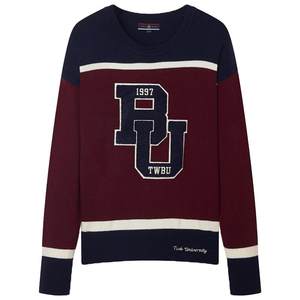 
TeenieWeenie Bear Ole Spring Striped Contrast Color Towel Embroidered Round Neck Pullover Sweater Knitted