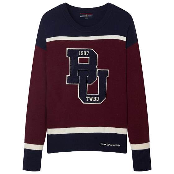 
TeenieWeenie Bear Ole Spring Striped Contrast Color Towel Embroidered Round Neck Pullover Sweater Knitted