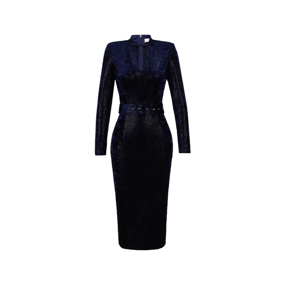 
XULU original European high-end snowflake velvet crumpled hip skirt retro feminine high-waisted long-sleeved dress