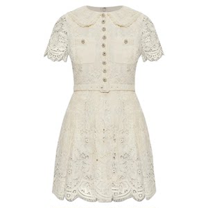 2025 autumn new women's off-white sweet short-sleeved doll collar lace dress high-waisted slim skirt