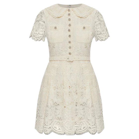 2025 autumn new women's off-white sweet short-sleeved doll collar lace dress high-waisted slim skirt