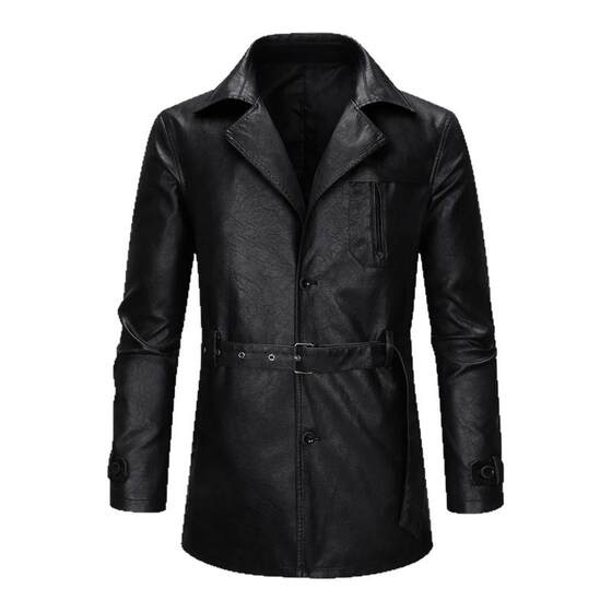 
Suit collar leather coat for men business mid-length leather coat belt 2025 spring and autumn Haining coat single-breasted button