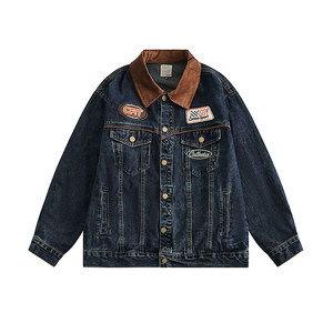 Spring and Autumn New American retro denim jacket for men and women motorcycle labeling trendy lapel lapel high street jacket loose top