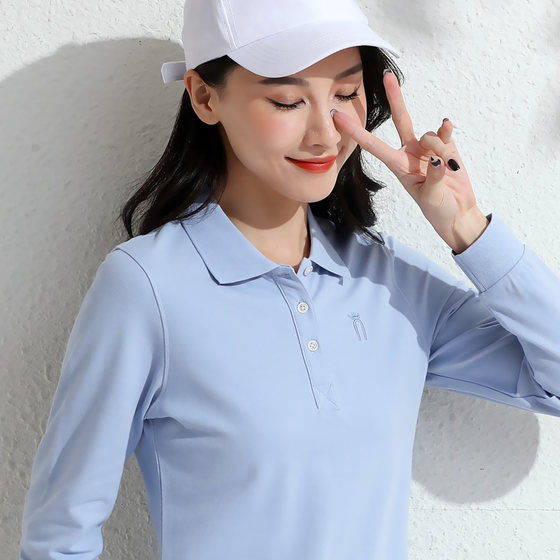 春秋翻领长袖t恤女定制有领上衣运动纯棉印logo宽松工作服polo衫