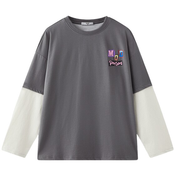 
MQD children's clothing children's long-sleeved T-shirt spring new boys' long-sleeved T-shirt contrasting fake two-piece round neck top